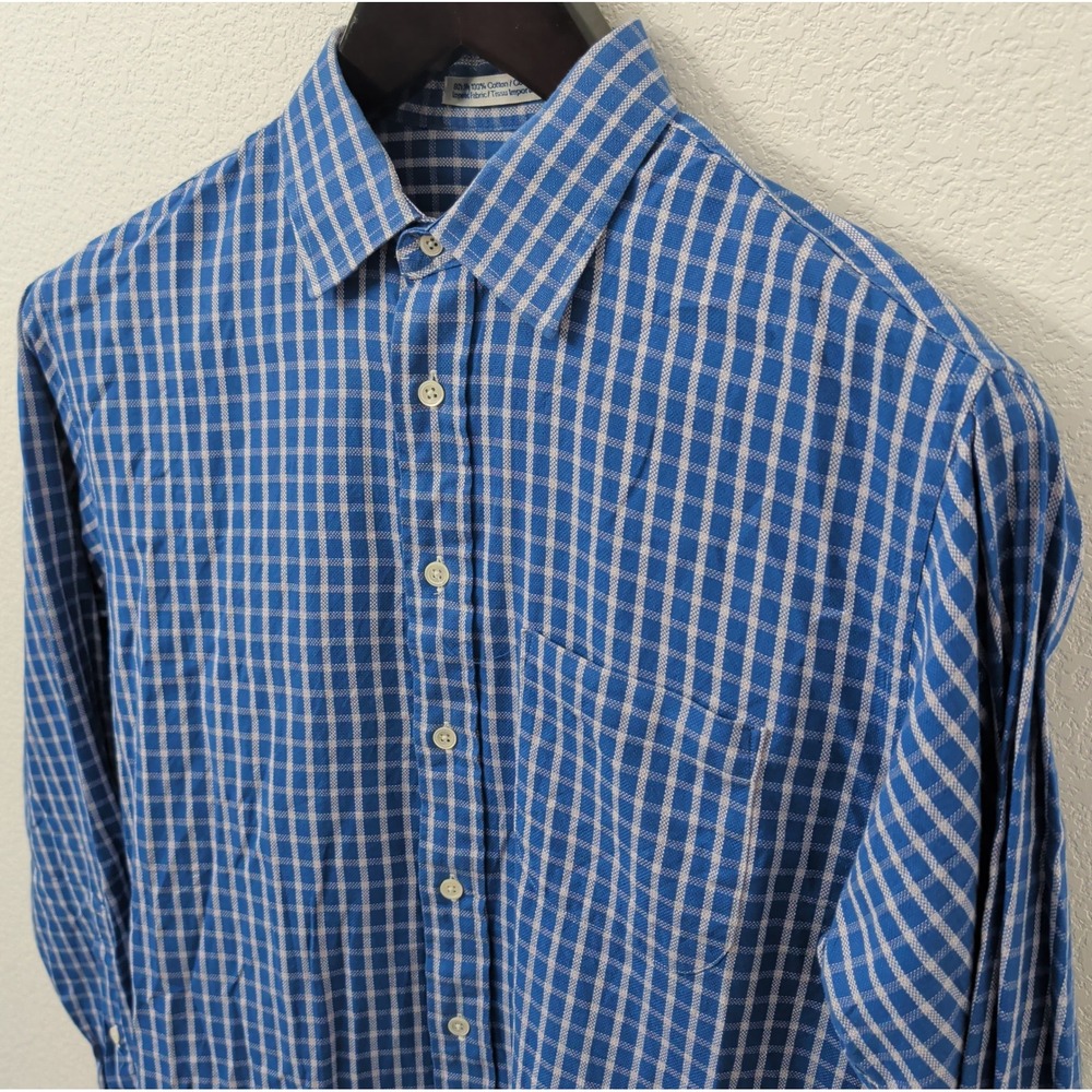 Burberrys Mens Dress Shirt 17-34 Blue Plaid Check 100% Cotton Made in USA